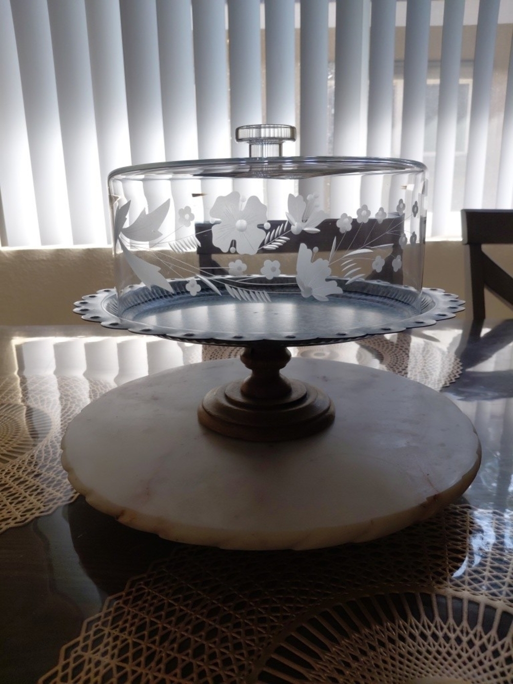 Vintage Floral Etched Glass Pedestal Cake Stand with Domed Lid